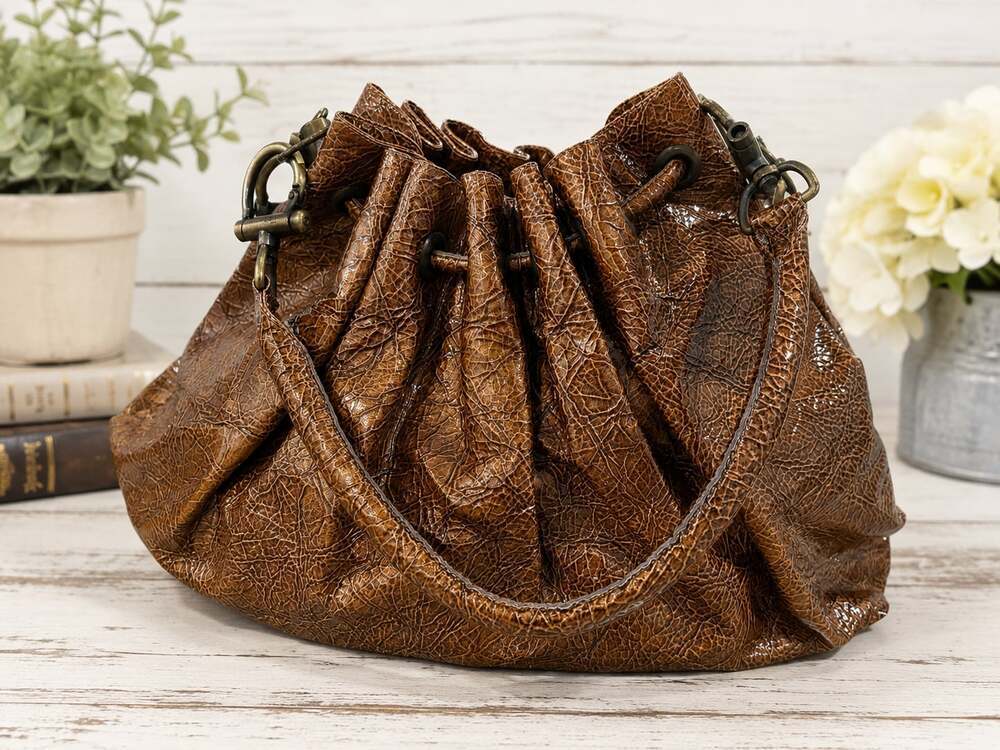 Y2K Vicky Tcherassi Brown Crinkle Patent Leather Drawstring Bucket Shoulder Bag